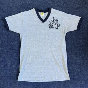 Vintage IUP Shirt Mens Medium Gray Velva Sheen V Neck Ringer College 70s 80s